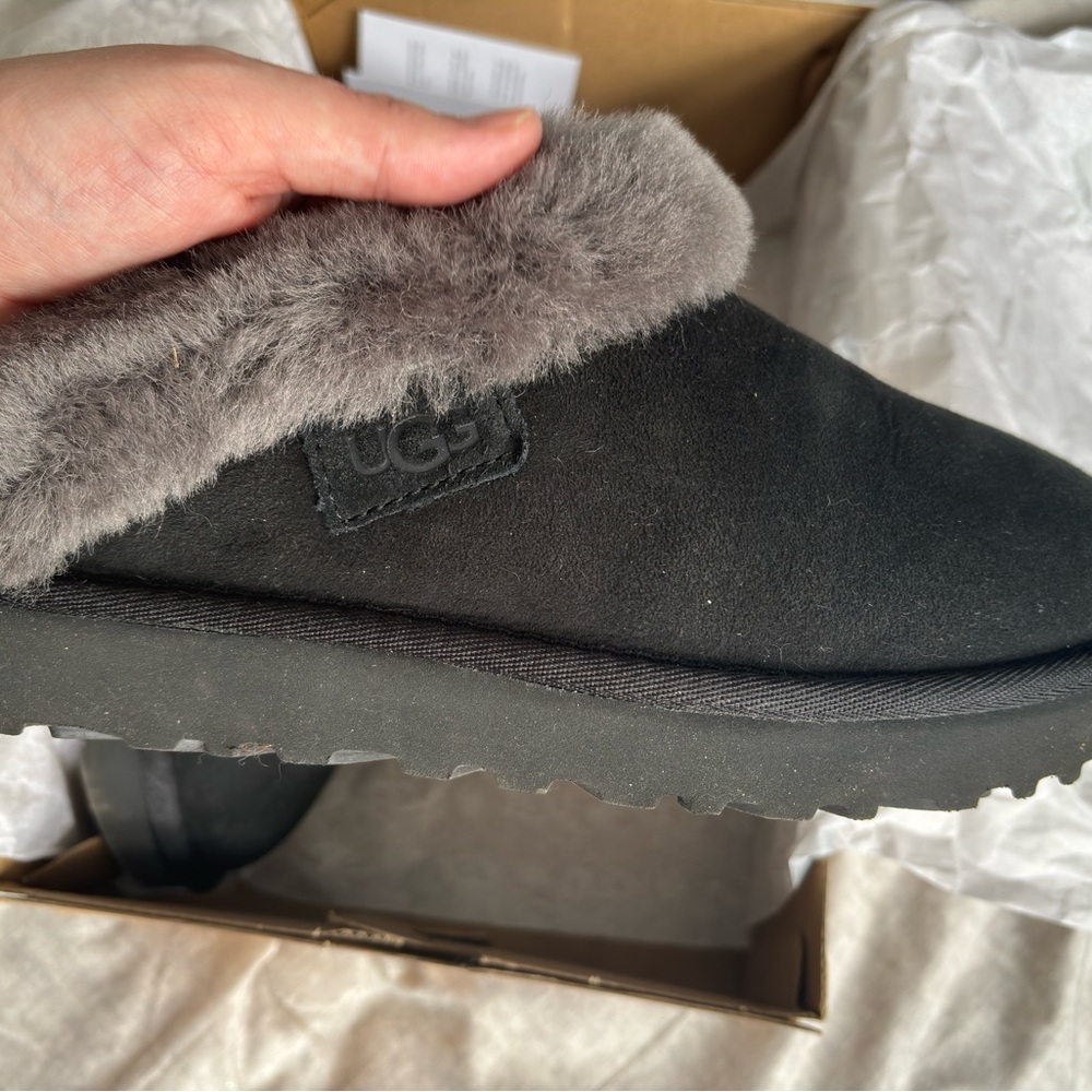 SOLD UGG Black Slippers with Plush Gray Lining